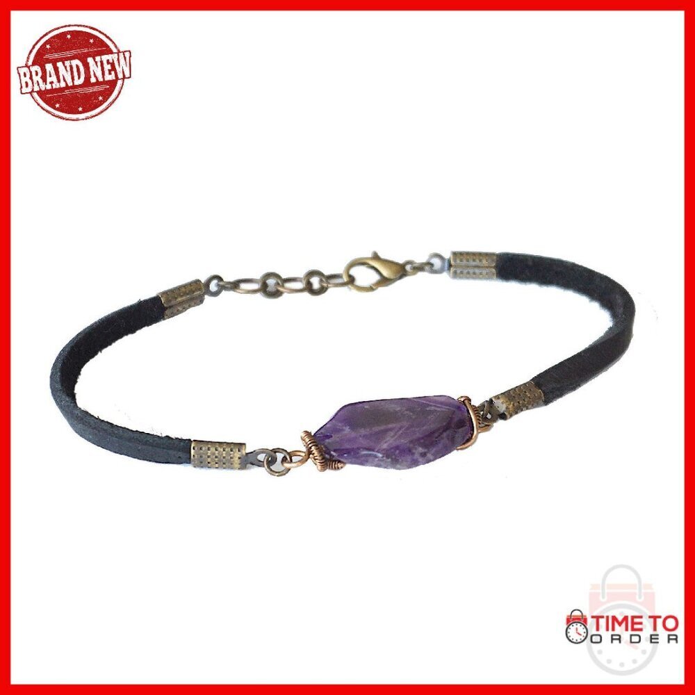 Handmade Raw Amethyst Stretch Bracelet with Leather Cord